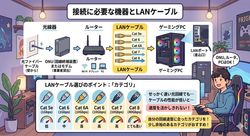 接続に必要な機器とLANケーブル