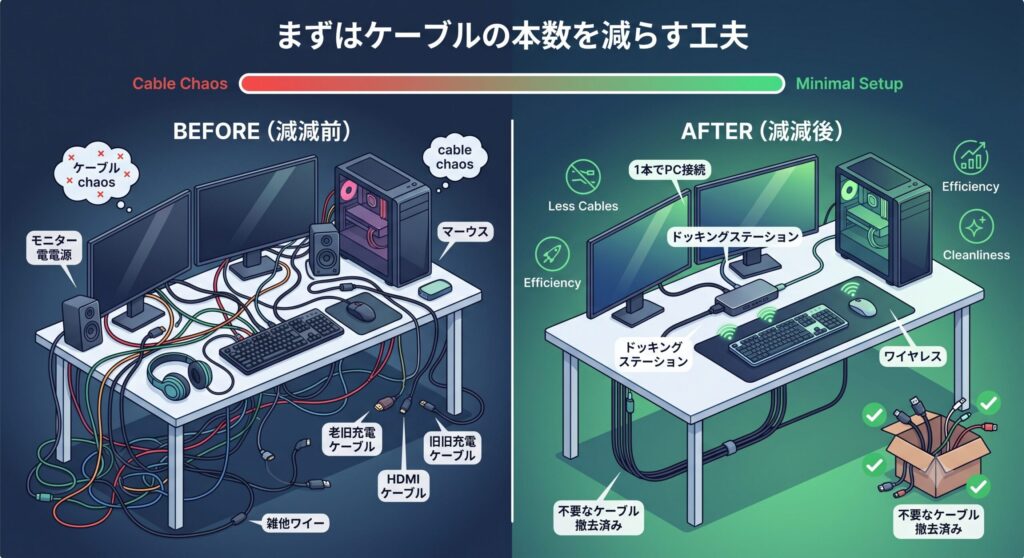 まずはケーブルの本数を減らす工夫