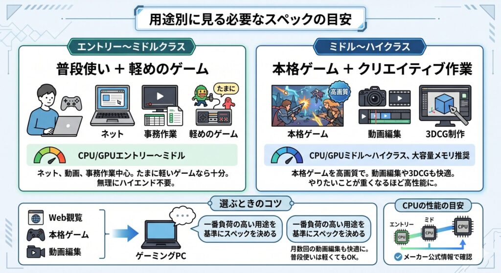 用途別に見る必要なスペックの目安