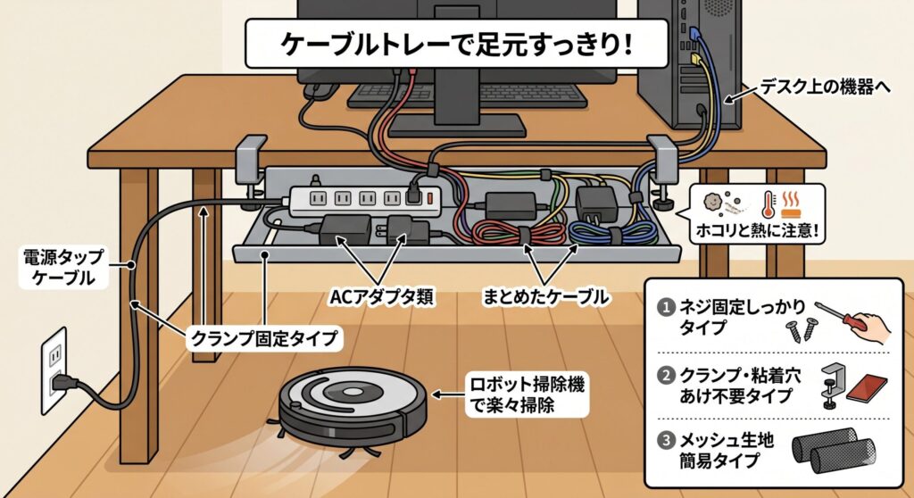 ケーブルトレーで天板裏に隠す方法