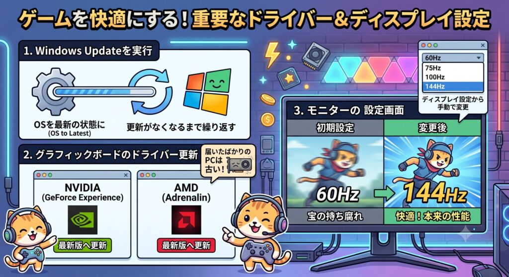 ドライバー更新とディスプレイ設定
