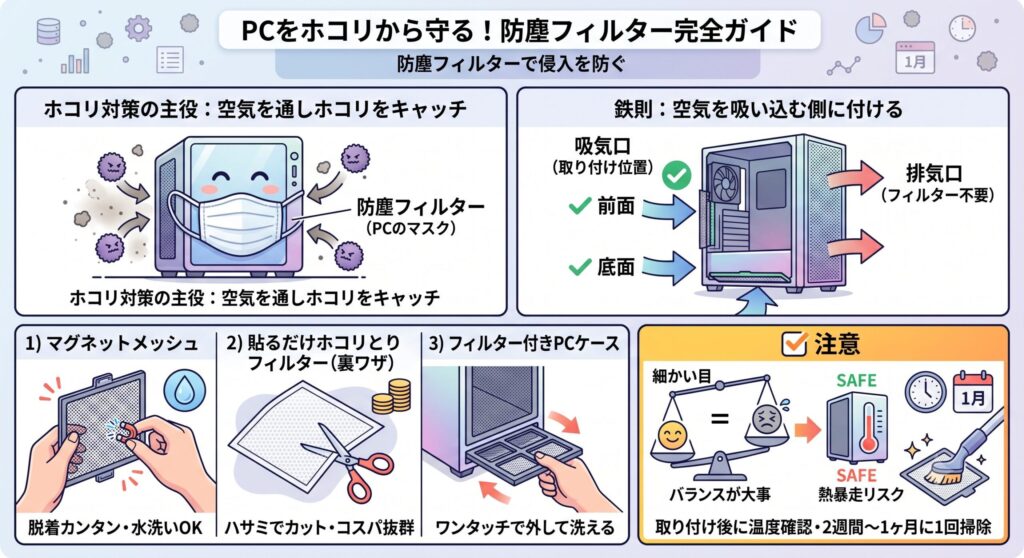 防塵フィルターで侵入を防ぐ