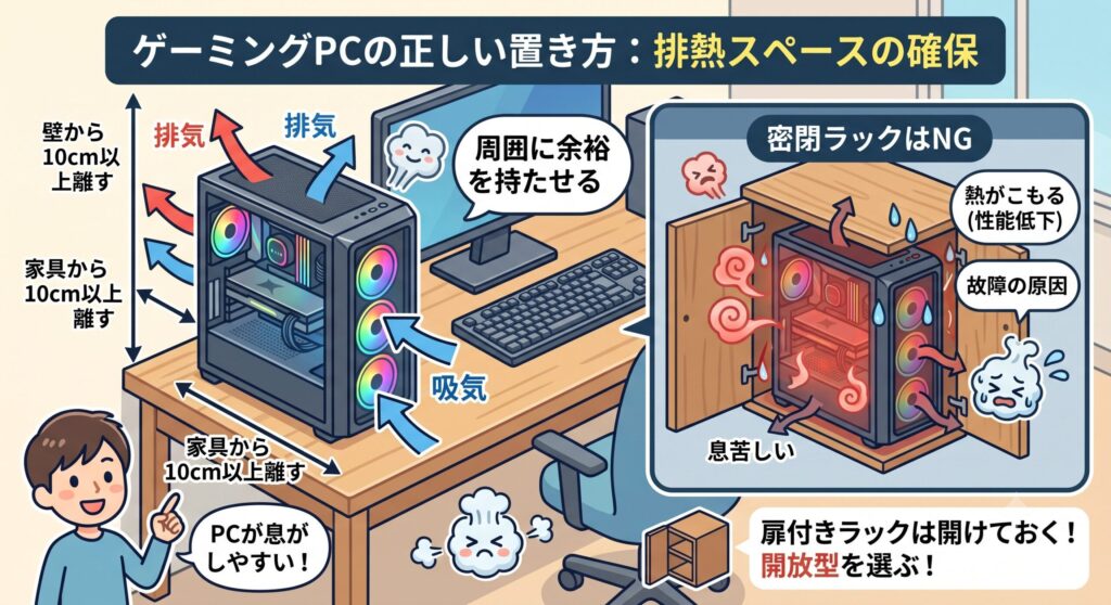 壁から離して排熱を確保する