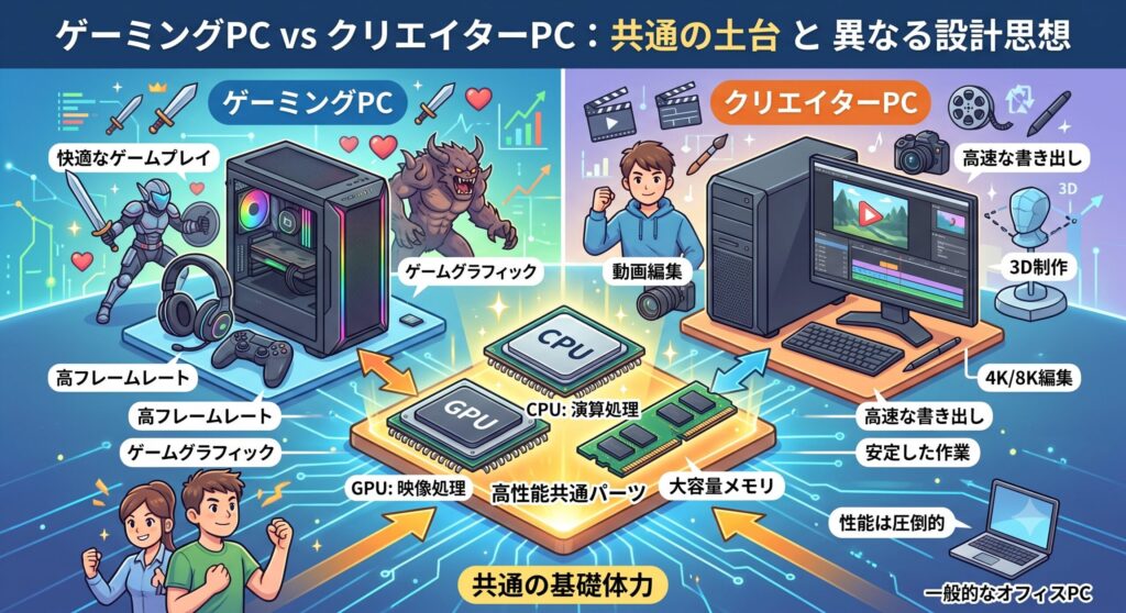 基本のパーツは共通している

まず、一番大事な前提からお伝えします。ゲーミングPCとクリエイターPCは、心臓部となる主要パーツが共通しています。だから、「まったくの別物」ではないんです。

PCの性能を決める中心的なパーツは、演算処理を行うCPUと、映像処理を担当するGPU(グラフィックボード)です。この2つは、ゲームを滑らかに動かすためにも、動画の書き出しを速くするためにも、どちらにも必要な能力。最新のCPUやグラボは、ゲーミングとクリエイティブ、両方の用途で活躍します。

実際、どちらのPCも、一般的なオフィス向けPCとは比べものにならないほど高性能。高性能なCPUとグラボ、大容量のメモリを積んでいて、「基礎体力の高いパソコン」という点では共通しているんです。だから、同じくらいのスペックなら、基本的な性能に大きな差はありません。違いは、この共通の土台の上で「どこに力を入れているか」という設計思想にある、というわけですね。

