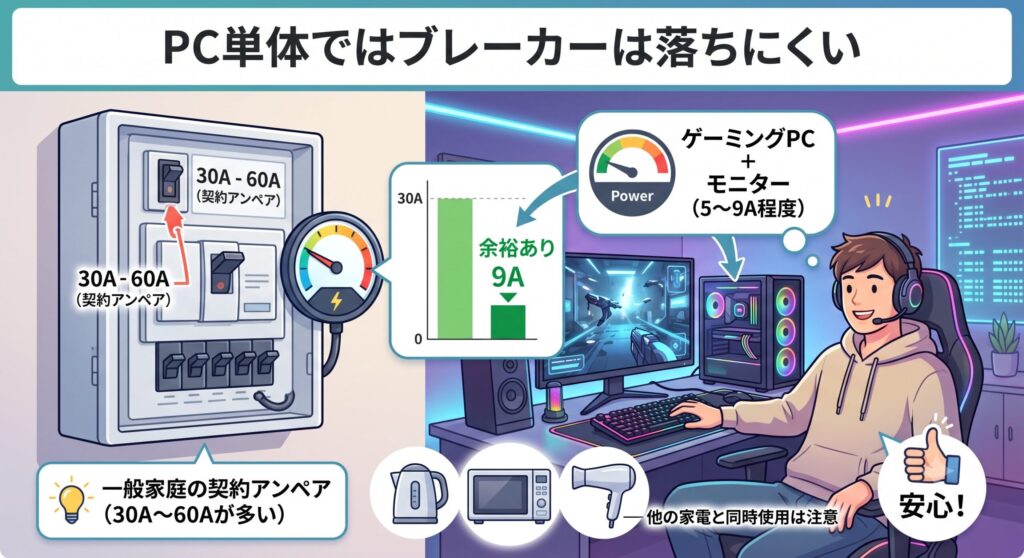 PC単体ではブレーカーは落ちにくい